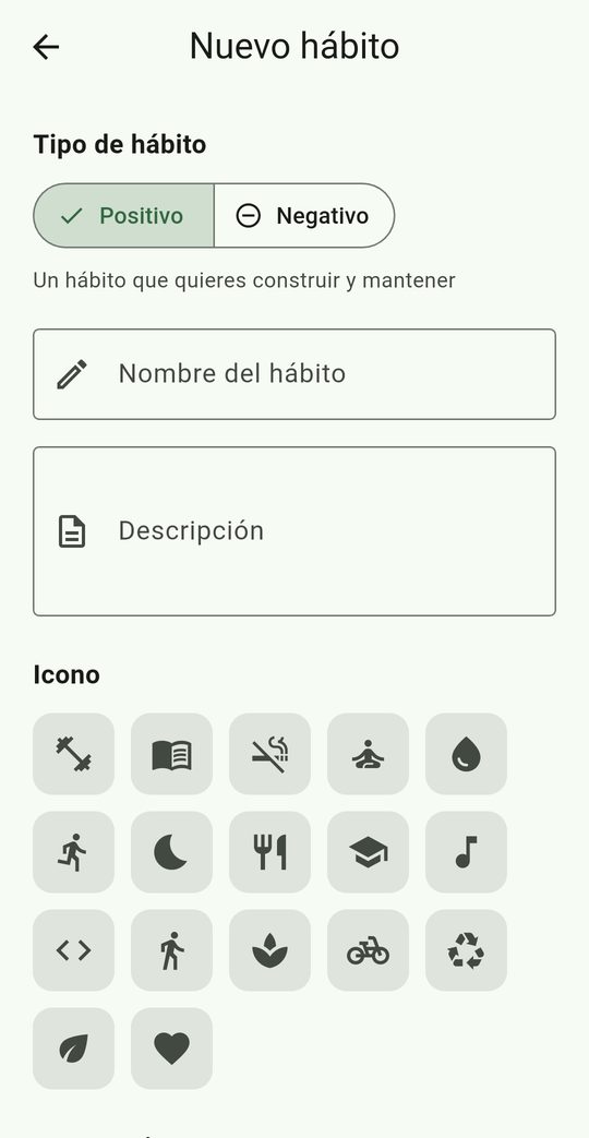 Formulario de nuevo hábito: selector de hábito positivo o negativo, nombre, descripción y una rejilla de iconos.