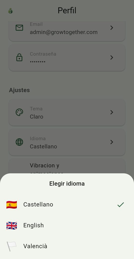Pantalla de perfil con el selector de idioma abierto: castellano, inglés y valenciano.
