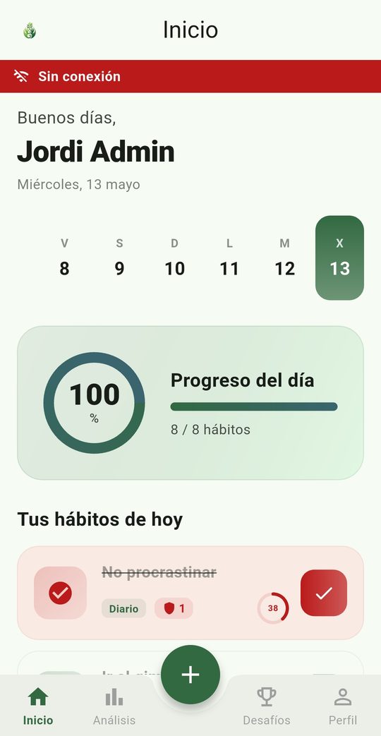 La misma pantalla de inicio con un aviso rojo de sin conexión, mostrando los datos guardados en el dispositivo.